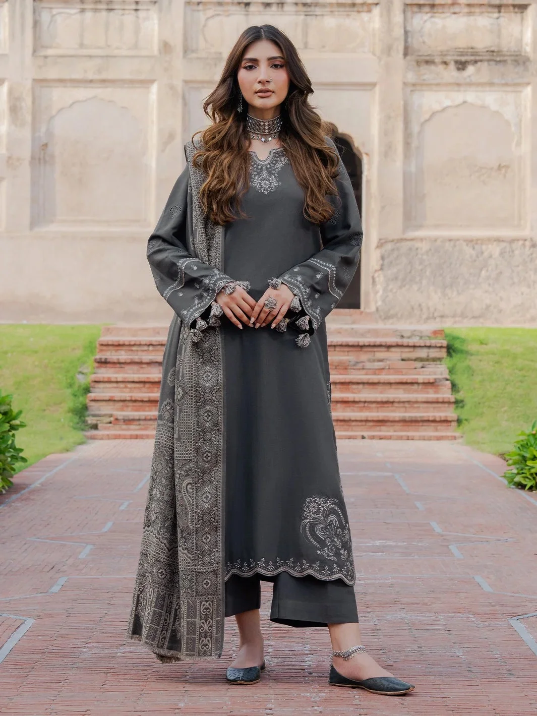 IZEL-3PC DHANAK EMBROIDERED SHIRT WITH WOOL PRINTED SHAWL & TROUSER V736